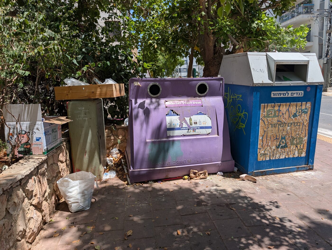 פסולת שהצטברה סביב מיכלי האיסוף בפינת פנחס רוטנברג וי"א באדר